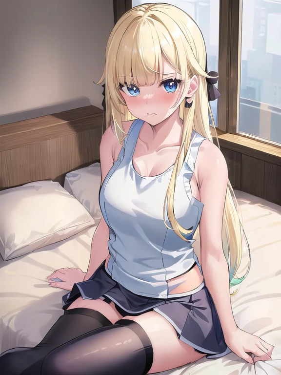 (masterpiece:1.3), (Absurd:1.3), (highest quality:1.3), The Hands of Guido Daniele, (Very detailed:1.3),(Best Shadow:0.7), (Processed Hair), One girl, alone, S1, aizawa ema, nsfw, (medium Breasts:0.3), (thick thighs:0.7), Blonde, Asymmetrical bangs, Blunt bangs, blue eyes, (white tanktop:1.6), (tented tanktop:1.6), no bra, (nipple shape:1.0), white panties, (black thighhighsocks:1.4), shoulder baring, cute face, panic face, embarrassed, night, background : japanese inn room, (on the bed:1.6),