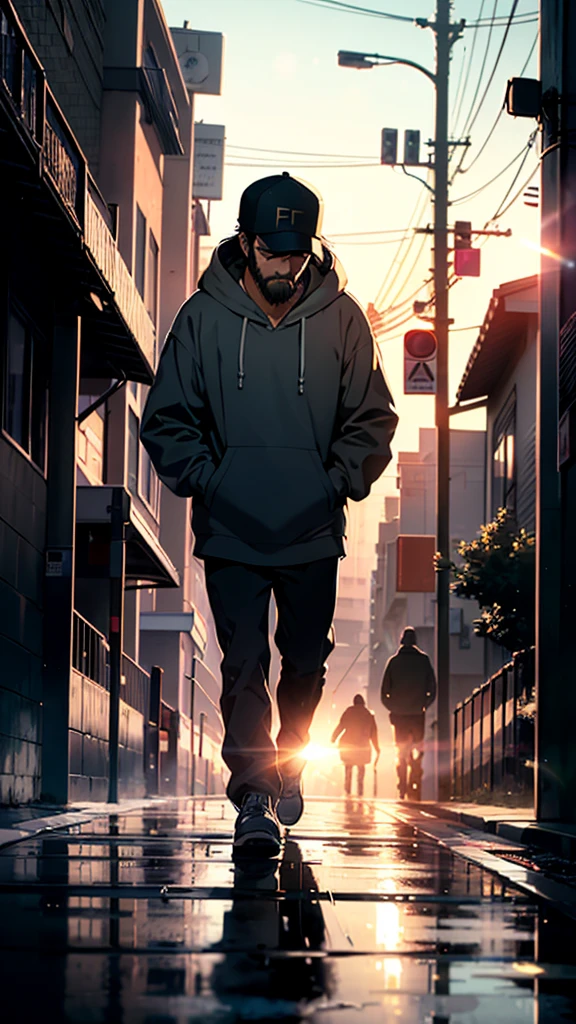 A heartbroken man walks down the sidewalk in the morning rain, wearing baseball hat, short beard, Wearing hoodie, Headlights illuminating the roadway shine on him, casting a large shadow on the wall of a building. (Best quality), (masterpiece:1.3), ultra-detailed, sharp shadows, great detail, depth of field, super detailed background, out-of-focus look
