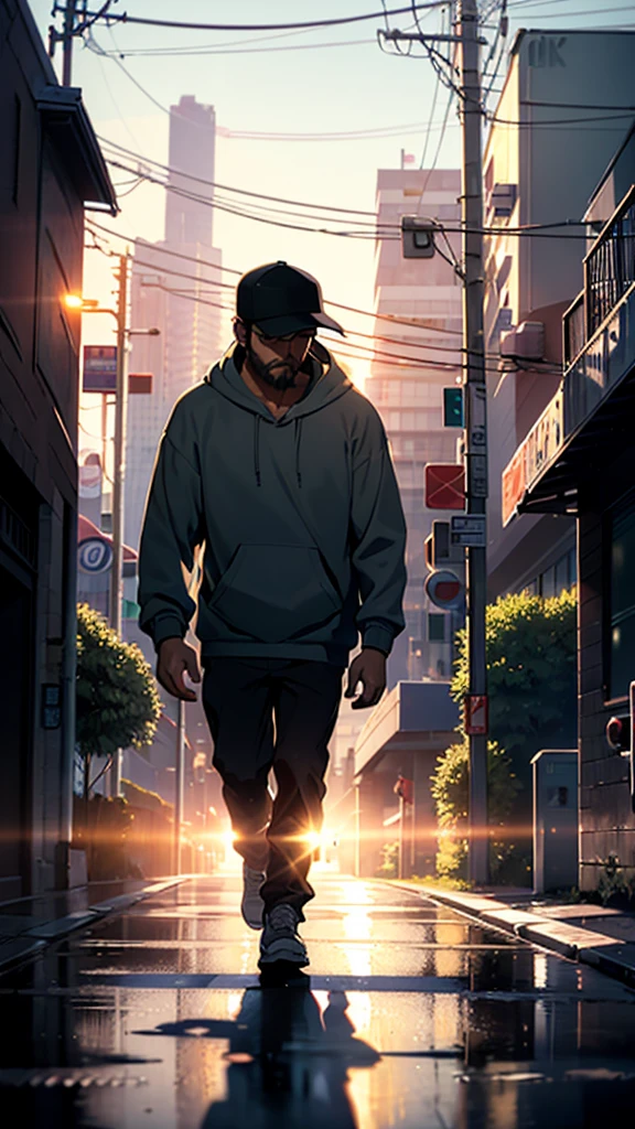 A heartbroken man walks down the sidewalk in the morning rain, wearing baseball hat, short beard, Wearing hoodie, Headlights illuminating the roadway shine on him, casting a large shadow on the wall of a building. (Best quality), (masterpiece:1.3), ultra-detailed, sharp shadows, great detail, depth of field, super detailed background, out-of-focus look