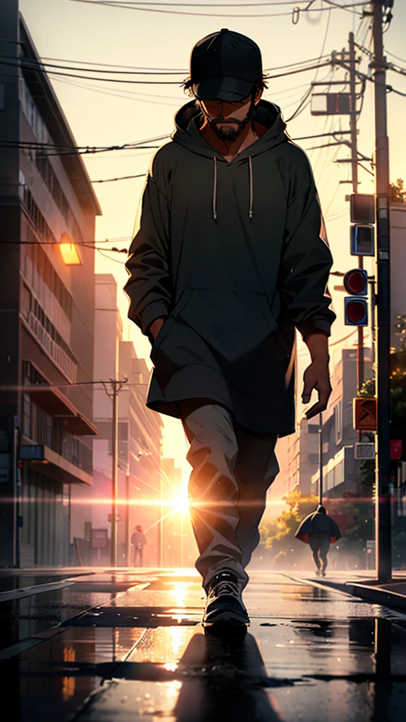 A heartbroken man walks down the sidewalk in the morning rain, wearing baseball hat, short beard, Wearing hoodie, Headlights illuminating the roadway shine on him, casting a large shadow on the wall of a building. (Best quality), (masterpiece:1.3), ultra-detailed, sharp shadows, great detail, depth of field, super detailed background, out-of-focus look