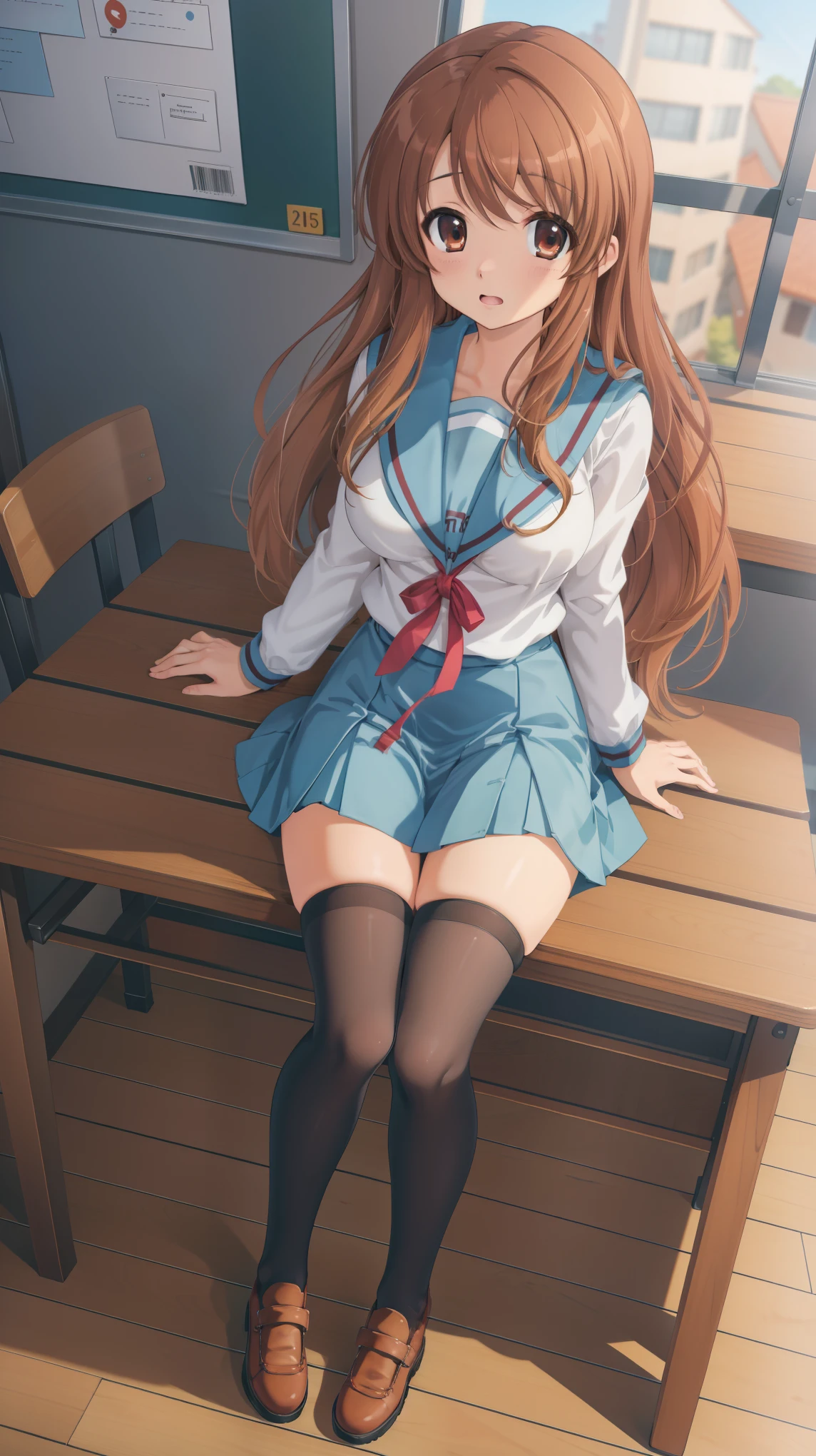 (masterpiece), highest quality, high resolution, illustration, game cg, asahina mikuru, detailed eyes, perfect face, serafuku, pleated miniskirt, thigh highs, school, classroom, sitting