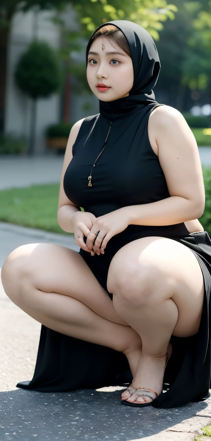 1 chinese-Indonesian girl, modern plain hijab, shy, medium portrait, watery eyes,  ((small breasts)), black bokeh background, well-proportioned body,, chubby massive thighs, full body pose, Hena art on the body, hena art on arms, full body view , wearing red sneakers , fat legs, 