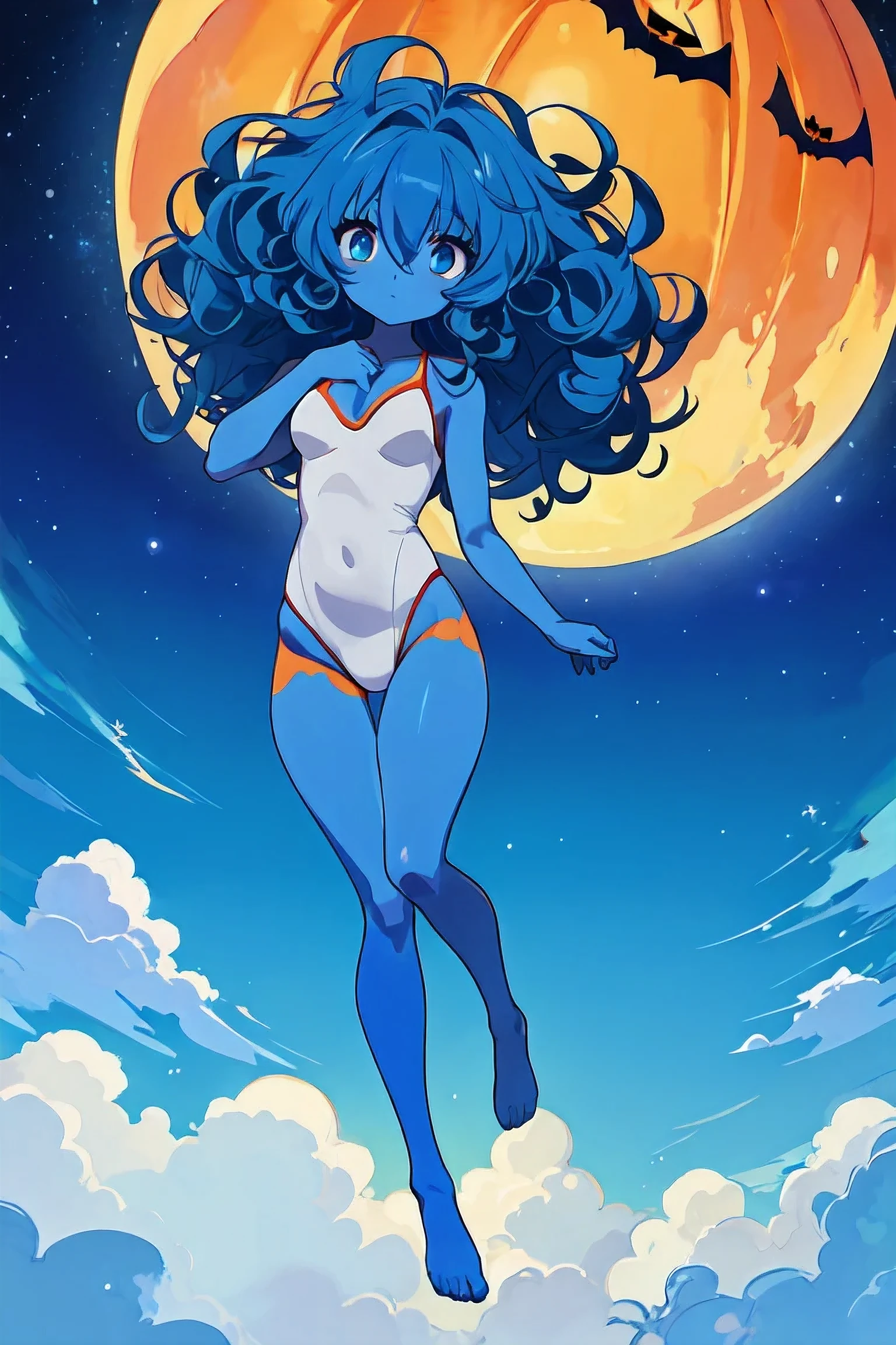 masterpiece ,best quality, Beautiful blue skin anime model full body, sun-bathing on floating cloud along the milky way, enticing eyes, curly hair dreamy, background thick clouds, high quality, 4k, 8k, halloween theme,