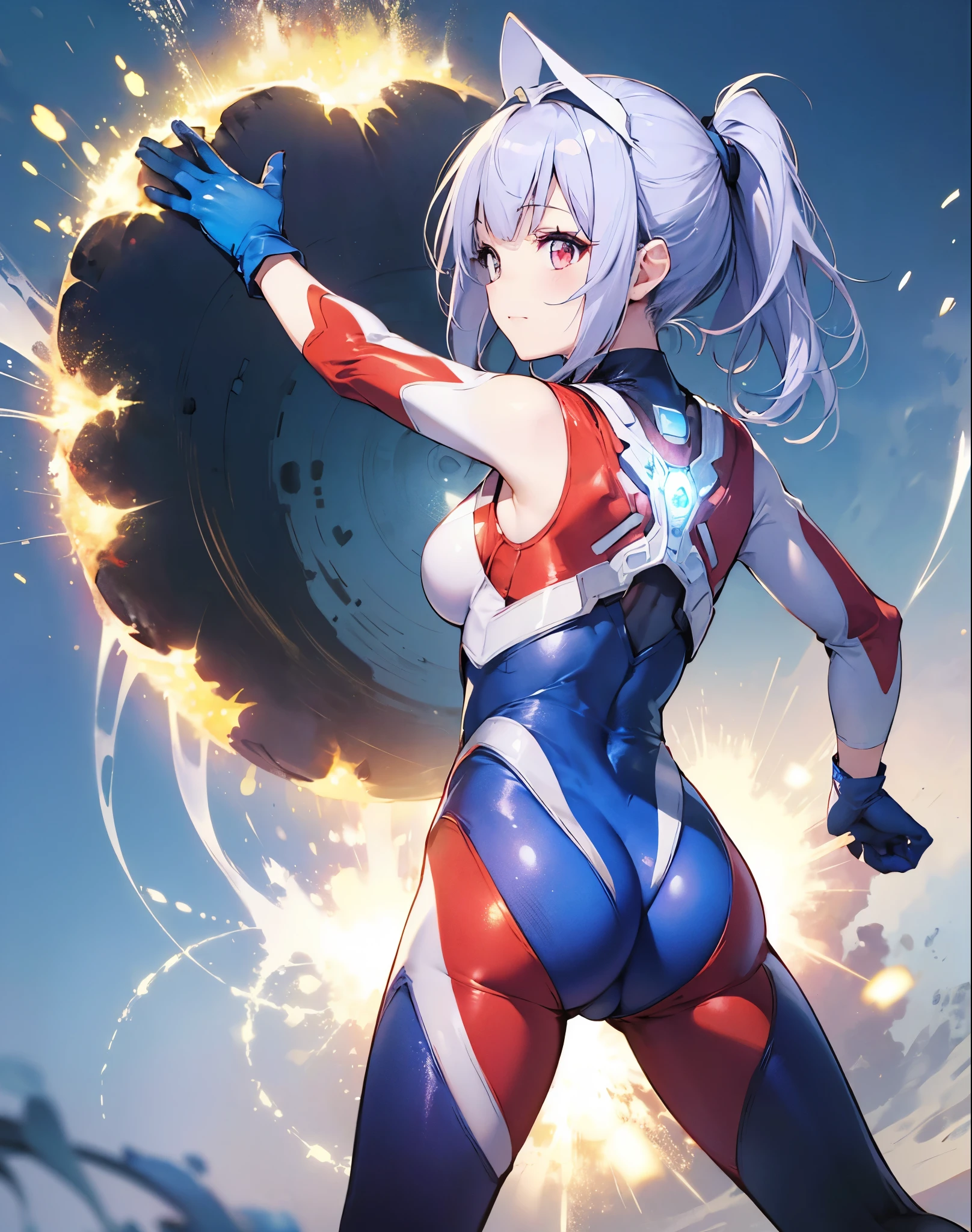 (Close-up:1.3),Realistic,highest quality, Ultra Detail, High-quality CG rendering, The most delicate and beautiful, Floating softly, High resolution, (1 girl), (Highest quality,4K,8K,masterpiece:1.2) ,Light purple hair,Rabbit,Bunny ears,ponytail,Red eyes,(Ultra Girl:1.0),(Bright blue Ultraman bodysuit:1.4),(Blue gloves:1.3),(Blue shoes:1.3),(whole body:1.3),(Turn your back to your audience:1.3),Butt