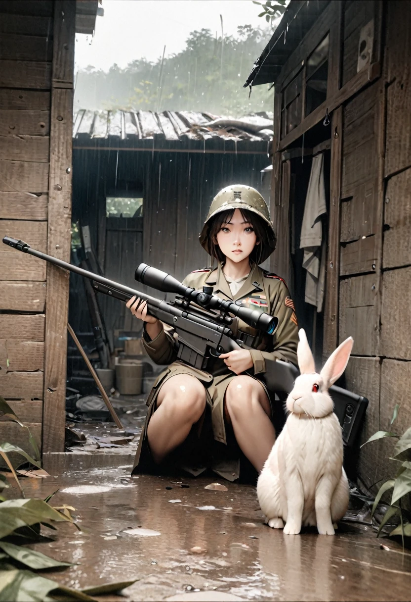 a highly detailed portrait of a female american army sniper in an abandoned hut taking shelter from the rain, holding a sniper rifle, 1 rabbit sitting and looking at the camera from a rabbit's perspective, (best quality,8k,hyperrealistic,masterpiece:1.2),ultra-detailed,