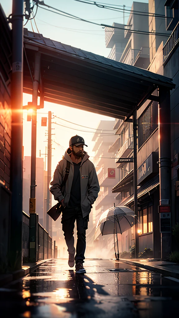 A heartbroken man walks down the sidewalk in the morning rain, wearing baseball hat, short beard, Wearing hoodie,hold cigarates in his hand, Headlights illuminating the roadway shine on him, casting a large shadow on the wall of a building. (Best quality), (masterpiece:1.3), ultra-detailed, sharp shadows, great detail, depth of field, super detailed background, out-of-focus look