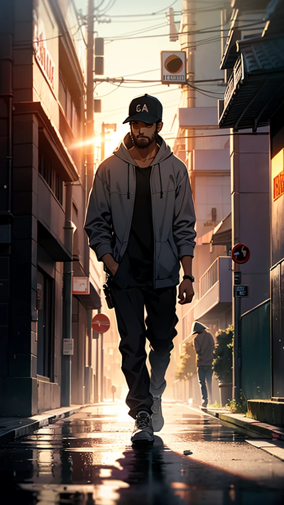 A heartbroken man walks down the sidewalk in the morning rain, wearing baseball hat, short beard, Wearing hoodie,hold cigarates in his hand, Headlights illuminating the roadway shine on him, casting a large shadow on the wall of a building. (Best quality), (masterpiece:1.3), ultra-detailed, sharp shadows, great detail, depth of field, super detailed background, out-of-focus look