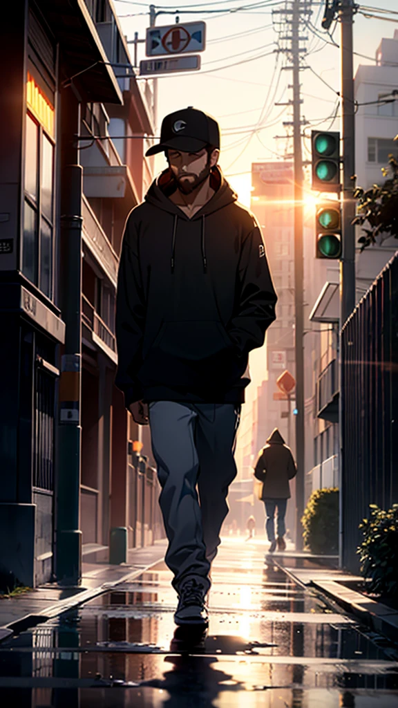 A heartbroken man walks down the sidewalk in the morning rain, wearing baseball hat, short beard, Wearing hoodie,hold cigarates in his hand, Headlights illuminating the roadway shine on him, casting a large shadow on the wall of a building. (Best quality), (masterpiece:1.3), ultra-detailed, sharp shadows, great detail, depth of field, super detailed background, out-of-focus look