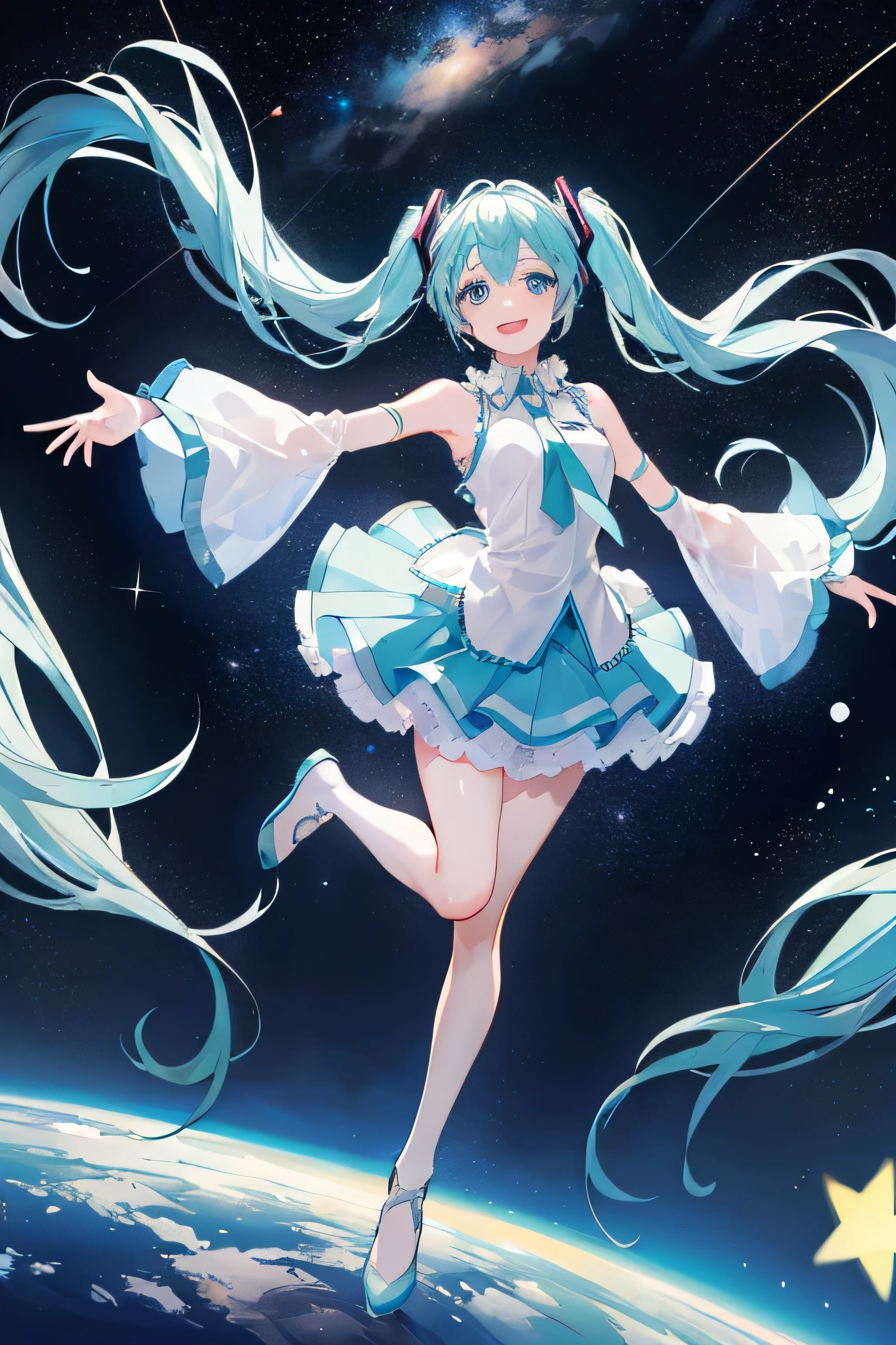 highest quality,  Hatsune Miku(Accurate anatomy, Complete limbs, Full Finger), Stage Costumes(Sleeveless outfit, White blouse, mini skirt, Official costumes), Space, Starry Sky, Earth floating behind, singing, smile