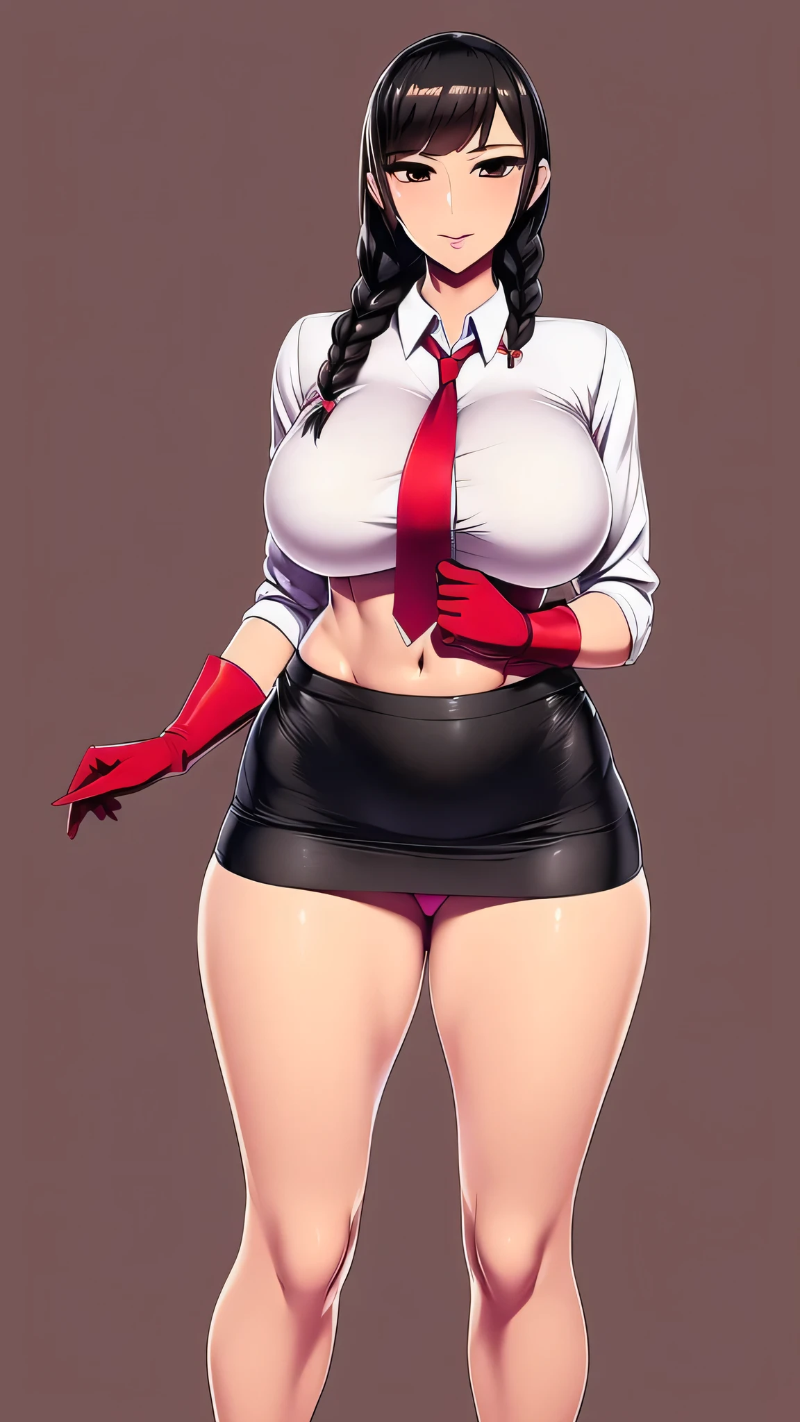 A tall, beautiful, sexy woman with a big chest, long black hair, braids her brown eye, thin black eyelashes, a pink lip, dresses in a white button-down shirt, ties a knot, shows her navel, a wide sexy curve, and her black corseted skirt, brown heels, red gloves.
