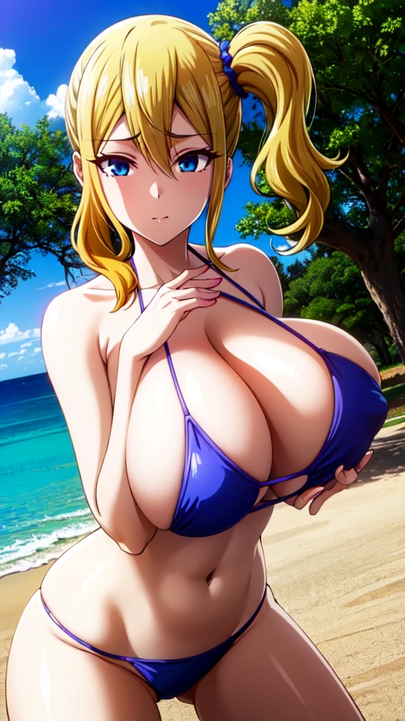 ai hayasaka, bangs, blue eyes, blonde hair, hair ornament, hair between eyes, sidelocks, side ponytail, scrunchie, hair scrunchie, blue scrunchie, (masterpiece:1.2, Best Quality:1.1), 32K HDR, High resolution, Solo, 1girl in, (Colossal tits:1.1, Huge boobs:1.1, Huge breasts:1.1, gigantic cleavage:1.1, Perfect slim body:1.2), squat down, (Detailed face, Detailed eyes, Detailed skin texture, Perfectly shaped hands, 5FINGERS), sexy bikini, beach,