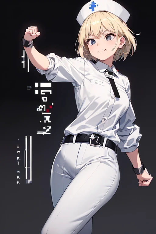 (((pixel-perfect, detail-perfect))), solo, 1girl, hat white, blonde hair, shirt black, long sleeve, pants black, background hospital, black eyes, (raise your left hand:1.9), belt, short hair, smile