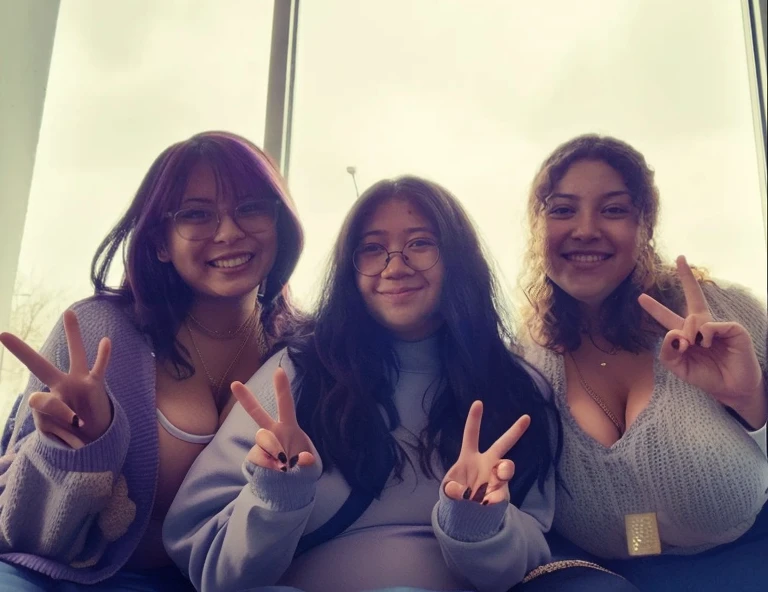 three women sitting on a couch peace signs with their hands, photo taken in 2 0 2 0, profile pic, very very low quality picture, low quality grainy, low quality photo, very grainy, taken in 2 0 2 0, annoying sister vibes, peace sign, low quality photograph, older sister vibes, grainy low quality, childhood friend vibes, threesome, Big , huge , no clothes, sexy, cute, wide hips, thick thighs, pear-shaped body, minimal clothes, thick, bbw, chubby stomach, thick nipples, nipple piercings, large areola, hard nipples, piercing through shirt, nipples hard through shirt, chubby stomach showing, tummy spilling over the side, muffin top, the girls are sexy, large areola showing