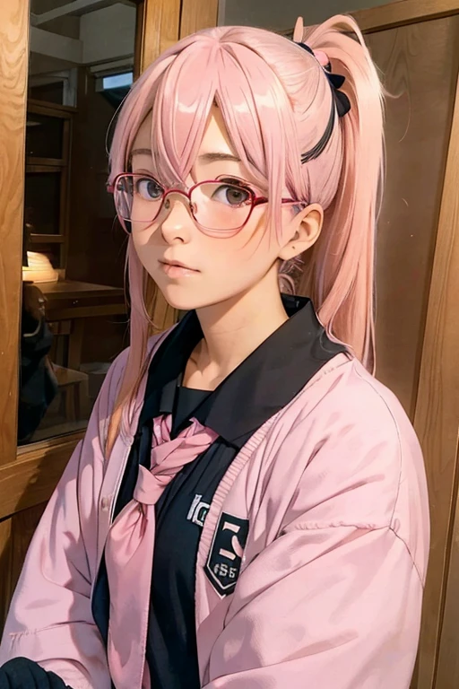 girl, japanese, ponytail, pink hair, uniform school japanese high shcool, hair ribbon, glasses