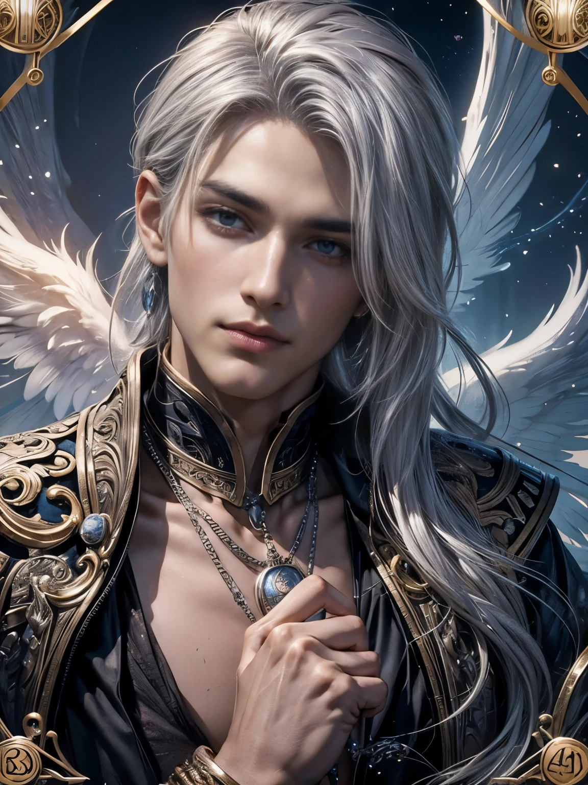 highest quality,fortune teller,Beautiful Face,Charm,Beautiful Boy,Tarot Cards,Fantasy,Silver Hair,Angel