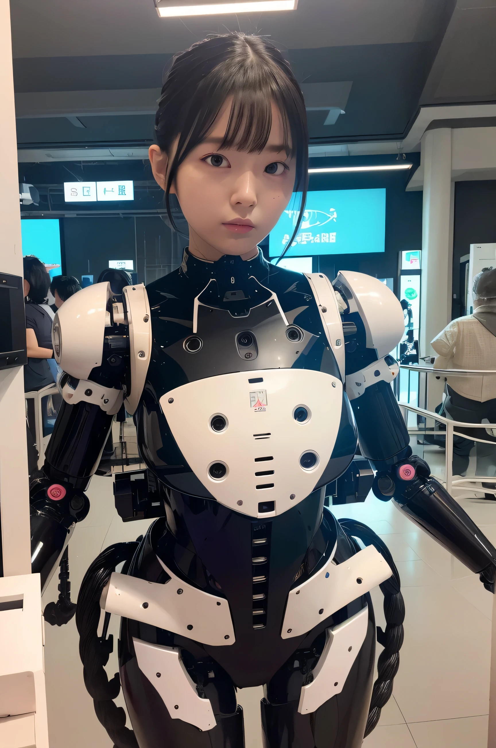 masutepiece, Best Quality, Extremely detailed,japanese android girl,android teacher,Plump , control panels,android,Droid,Mechanical Hand, ,Robot arms and legs, Black hair,Mechanical body,Blunt bangs,White Robotics Parts,perfect robot woman,Charging spot,Long Tube,A thick cable was connected to his neck.,ceramic body ,android,robot humanoid,Slightly Chubby,pantiy,complete eyes,Perfect machine body,White robot body,plants of the future,White and black uniform,pink accent costume,she repaired,clothes with a sense of mechanical technology,Robot Factory,black sponge joint,loose boots,