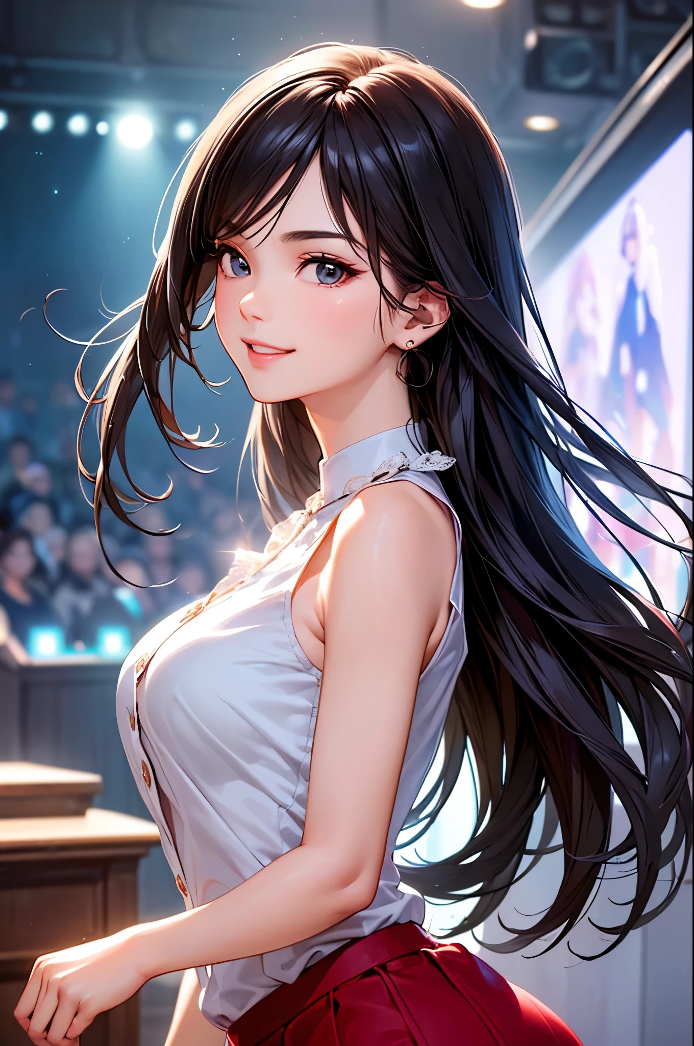 ((Biologically correct limb count))、(( Illustrations including faces))、4K、Masterpiece、((Focus on the face))、((Symmetrical, well-proportioned facial features))、Eyes with delicate depictions、Beautiful woman、Outstanding style、Slender Body、(shirt、High heels、((skirt)))、(Looking up、smile)、((Upper body close-up))、The background is a concert hall、((Realistic photo))、profile、((Fantastic photos)))、live、Idol
