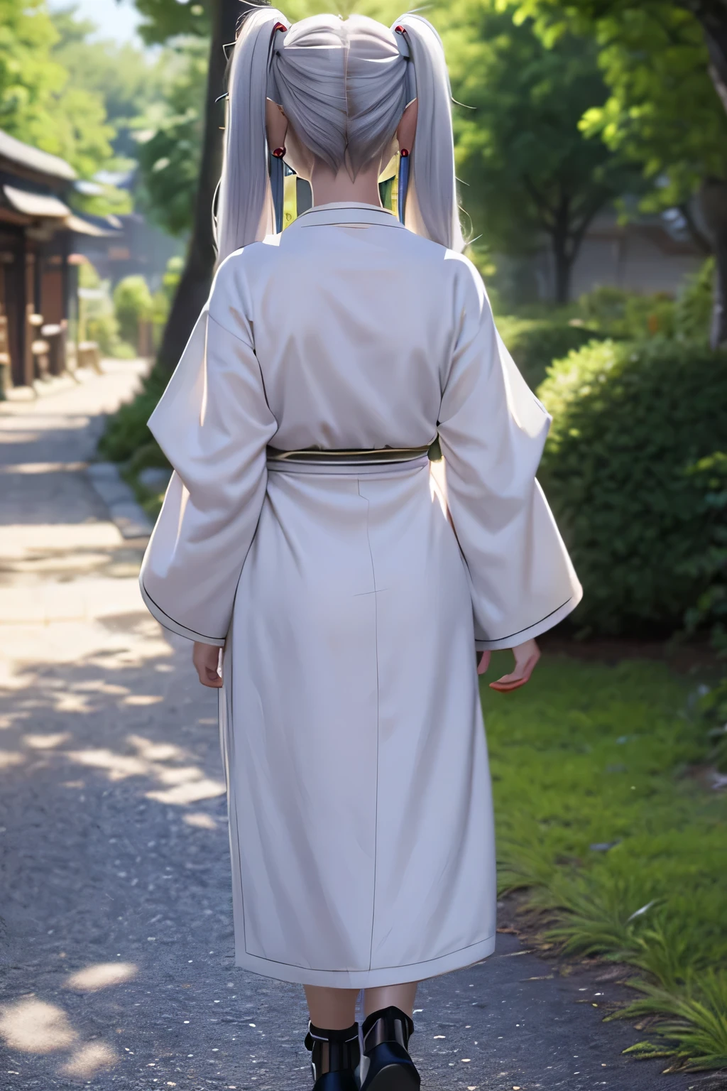 1girl, Frieren hairstyle, silver hair, twintail, earings, female elf, wearing kimono mage robe, hair detailed, clothes detailed, overlooking, walking in the village, back view, from back, 8k, ultra hd, ultra detailed, best quality, masterpiece.