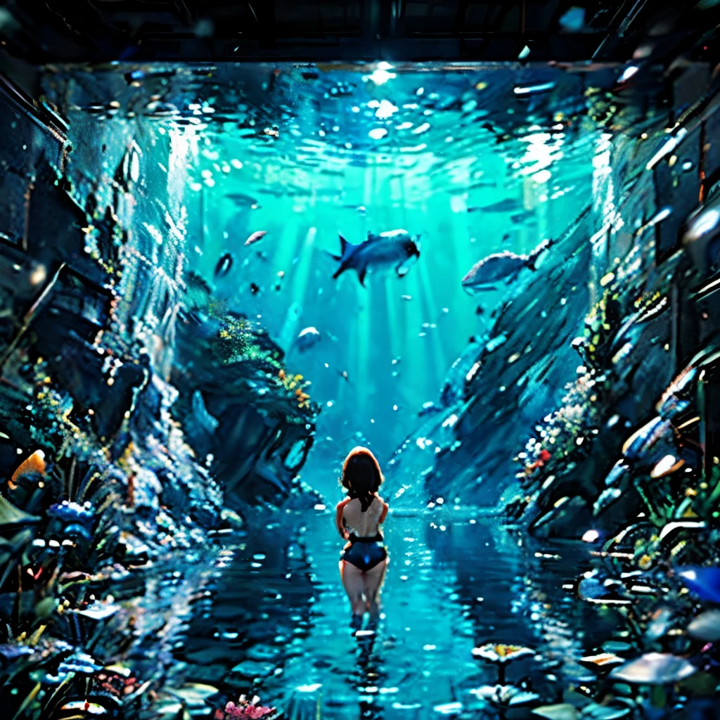 Masterpiece、Back view、Swimwear、Colorful fish、Seaweed、In the water、jellyfish、Light enters