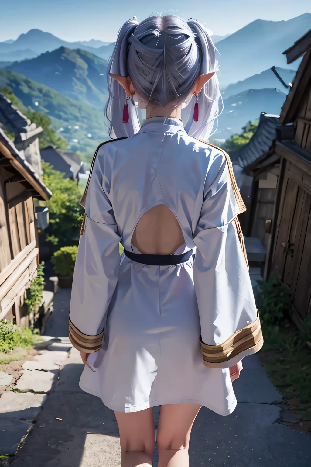 1girl, wearing t-shirt, Frieren hairstyle, silver hair, twintail, earings, female elf, wearing magician robe, clothes detailed, overlooking, walking in the village, back view, from back, 8k, ultra hd, ultra detailed, best quality, masterpiece.