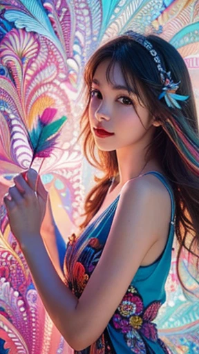 Colorful flowers, feather, (masterpiece, highest quality, highest quality, Official Art, beautifully、aesthetic:1.2), (One girl:1.3), (Fractal Art:1.3),16k,Full HD,neon
