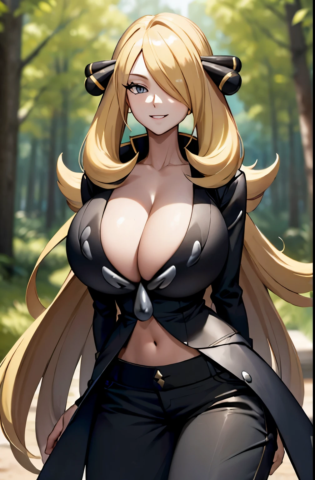 (masterpiece, best quality:1.2), (extremely detailed:1.2), defcynthia //(pokemon)//,blonde hair, hair covering one eye, hair ornament, forest, black coat, black pants, cowboy shot, cleavage, smile, navel, large breasts,