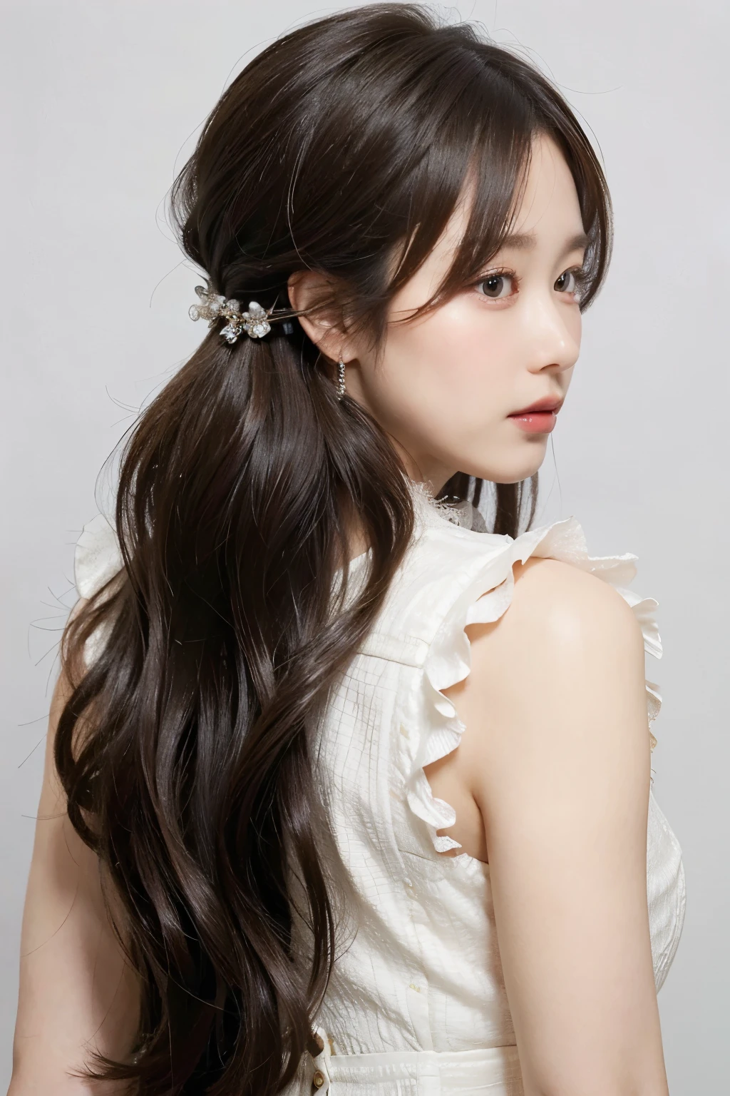 ((highest quality)), ((masterpiece)), (detailed), Back view、White Wallpaper Background、Focus on hairstyles、Long Hair、Black Hair、Windy hair
