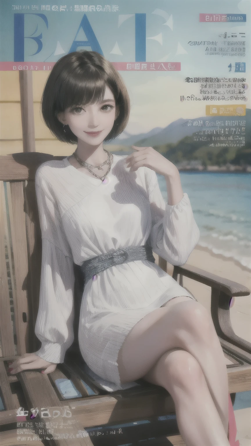 234 20-year-old female, short hair, Summer travel magazine, A kind smile, lipstick, Photo Quality