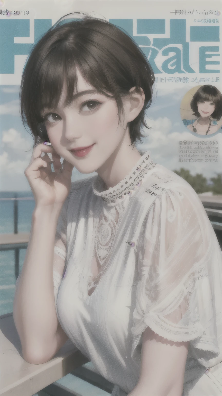 234 20-year-old female, short hair, Summer travel magazine, A kind smile, lipstick, Photo Quality