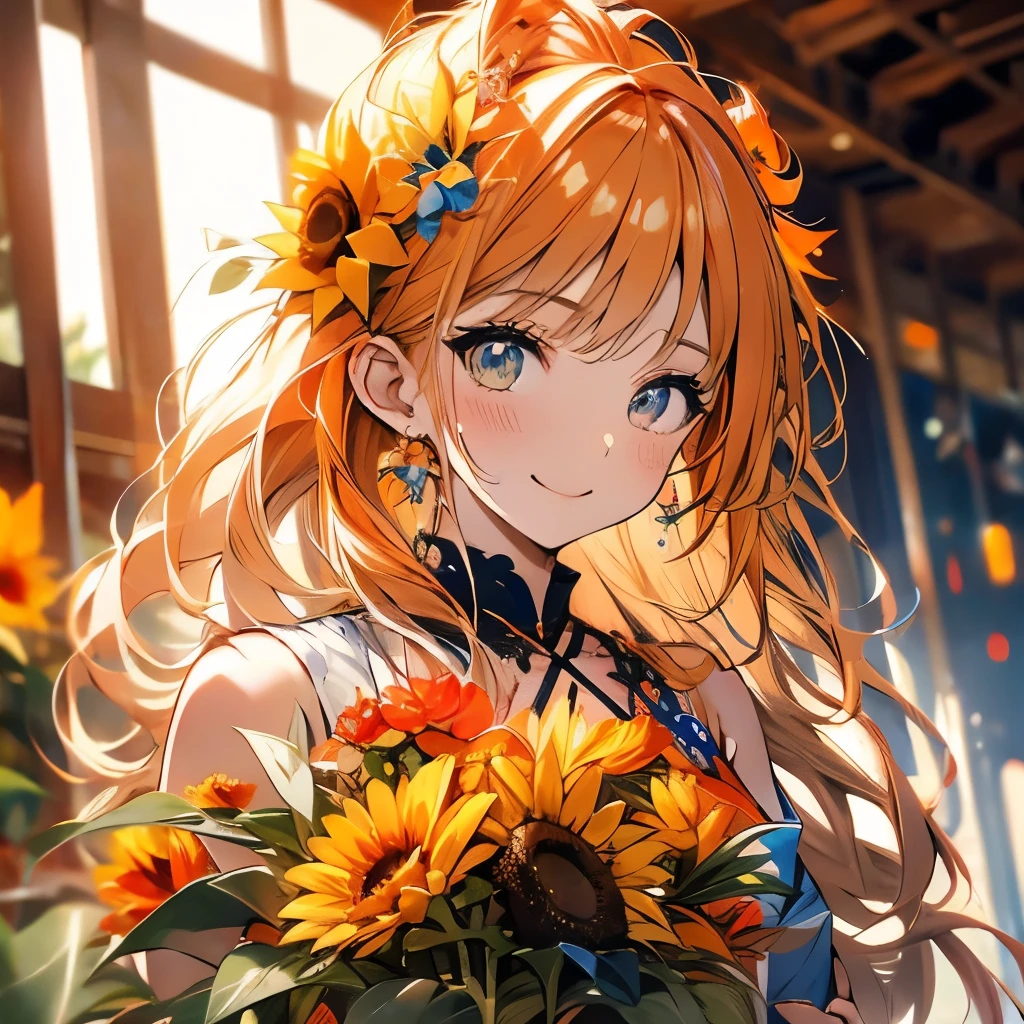 Masterpiece、Orange Hair、Delicate eyes、Tied up hair、Beautiful hair ornament、Upper Body、(((The best smile)))、Ocean、sunflower
