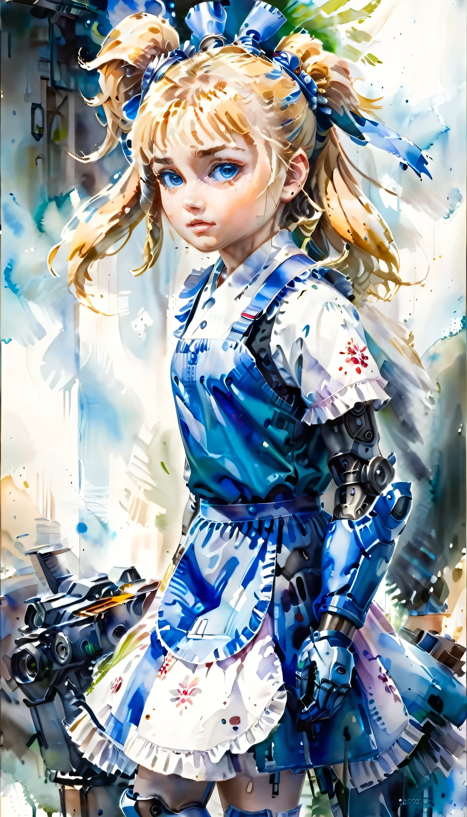 modisn disney  arafed, a watercolor picture of a mecha girl wearing a maid's outfit, traditional watercolor painting, blond hair, pony tail haircut, blue eyes, the outfit is mecha parts, high details, best quality, 16k, [ultra detailed], masterpiece, best quality, (ultra detailed), full body, ultra wide shot, photorealism, RAW,