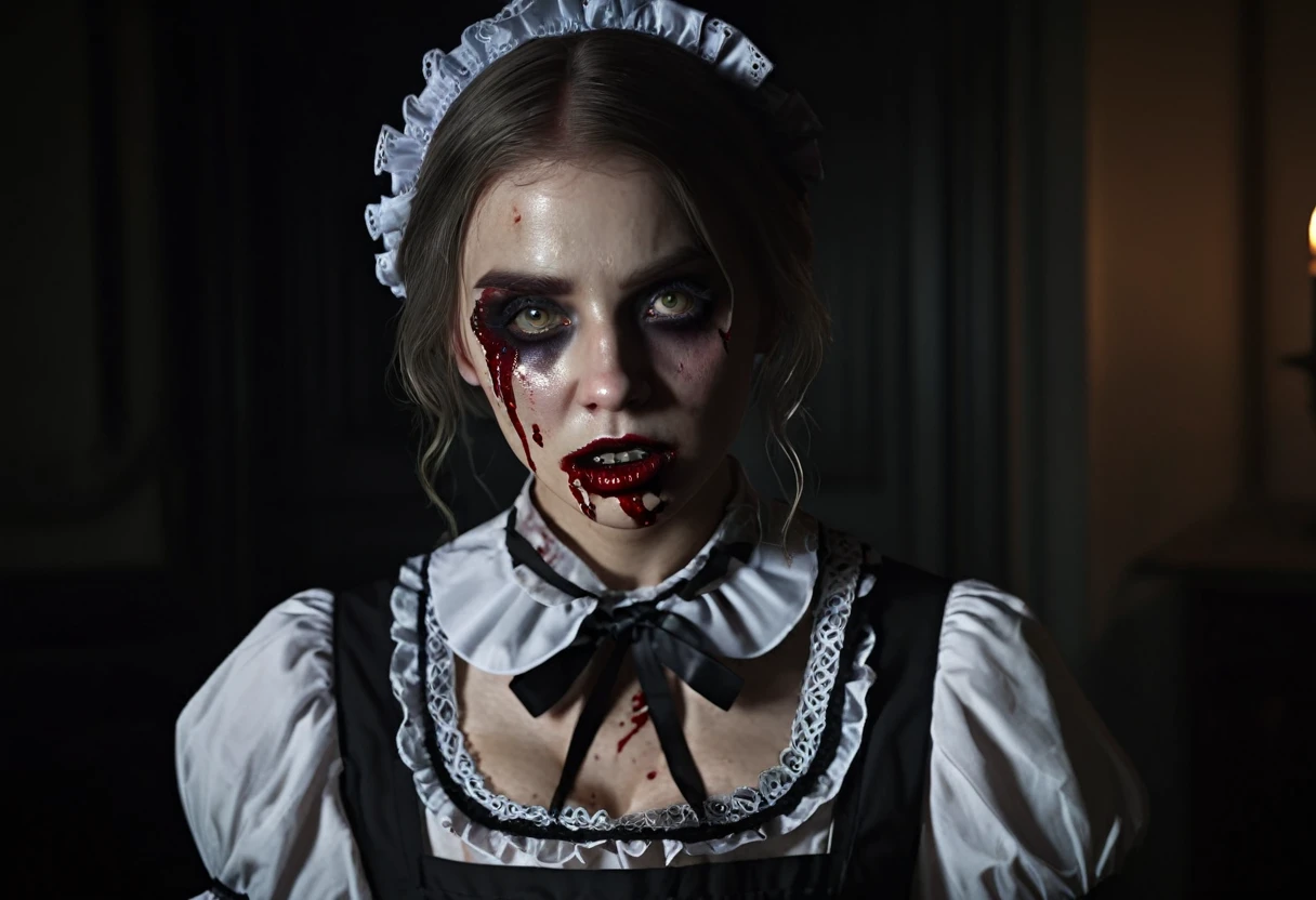 A zombie woman in a maid outfit, extremely detailed eyes and face, beautiful detailed lips, longeyelashes, detailed zombie skin texture, maid outfit with lace and ribbons, Halloween night, horror, dark and moody atmosphere, dramatic lighting, pale skin, sunken eyes, sharp teeth, dripping blood, brain, (best quality,4k,8k,highres,masterpiece:1.2),ultra-detailed,(realistic,photorealistic,photo-realistic:1.37),dark colors,deep shadows,cinematic,dramatic