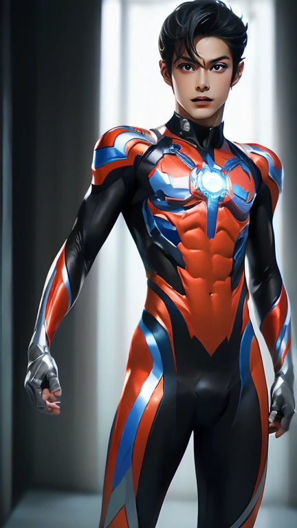 Ultraman, realistic, realistic, movie lights, young man in shiny red and silver suit, 15 years old, professional photo, skin exposed, Japanese model, Japanese CGI, sexy Ultraman suit, Power Rangers set, tight thin cyber suit, with elastic all over, delicate body, small butt, muscle, abs, lewd mark, groin tattoo, thin waist, exposed belly cyber suit on both sides skin tight, slanted eyes, sharp gaze, ponytail hair, facing forward, standing facing forward, glowing sphere embedded in chest, essay exam, blue sky background, Young beautiful boy, young handsome boy, Ultraman Boy personification, Ultraman-colored latex, Ultraman-colored rubber bodysuit, Ultraman color suit, Ultraman body suit, muscles, abs, mask off Ultraman Boy, Ultraman Boy without mask, Ultraman Boy suit, Ultraman Boy cosplay, Ultraman Boy costume, 15 year old boy's body, Ultraman Boy with face exposed, Ultraman without mask Boy, Ultraman without mask, medium-length hair, ponytail hair, color timer on chest, energy drain on chest, Ultraman Boy, boy's face, young boy with long hair, Ultraman Boy cosplayer, exposed face, 13 to 15 years old Boy, young boy's face, high definition, highest quality, best masterpiece, highest clarity, highest resolution, 8K, 16K, 32K, CG art, highest detail, Full body shot, full body view, Belly-baring Ultraman-colored bodysuit, belly-baring Ultraman-colored bodysuit, revealing bodysuit, lewd mark, crotch tattoo, abdominal muscle openwork bodysuit, abdominal muscle visible bodysuit,