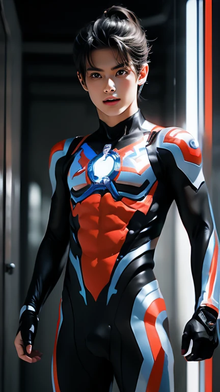 Ultraman, realistic, realistic, movie lights, young man in shiny red and silver suit, 15 years old, professional photo, skin exposed, Japanese model, Japanese CGI, sexy Ultraman suit, Power Rangers set, tight thin cyber suit, with elastic all over, delicate body, small butt, muscle, abs, lewd mark, groin tattoo, thin waist, exposed belly cyber suit on both sides skin tight, slanted eyes, sharp gaze, ponytail hair, facing forward, standing facing forward, glowing sphere embedded in chest, essay exam, blue sky background, Young beautiful boy, young handsome boy, Ultraman Boy personification, Ultraman-colored latex, Ultraman-colored rubber bodysuit, Ultraman color suit, Ultraman body suit, muscles, abs, mask off Ultraman Boy, Ultraman Boy without mask, Ultraman Boy suit, Ultraman Boy cosplay, Ultraman Boy costume, 15 year old boy's body, Ultraman Boy with face exposed, Ultraman without mask Boy, Ultraman without mask, medium-length hair, ponytail hair, color timer on chest, energy drain on chest, Ultraman Boy, boy's face, young boy with long hair, Ultraman Boy cosplayer, exposed face, 13 to 15 years old Boy, young boy's face, high definition, highest quality, best masterpiece, highest clarity, highest resolution, 8K, 16K, 32K, CG art, highest detail, Full body shot, full body view, Belly-baring Ultraman-colored bodysuit, belly-baring Ultraman-colored bodysuit, revealing bodysuit, lewd mark, crotch tattoo, abdominal muscle openwork bodysuit, abdominal muscle visible bodysuit,