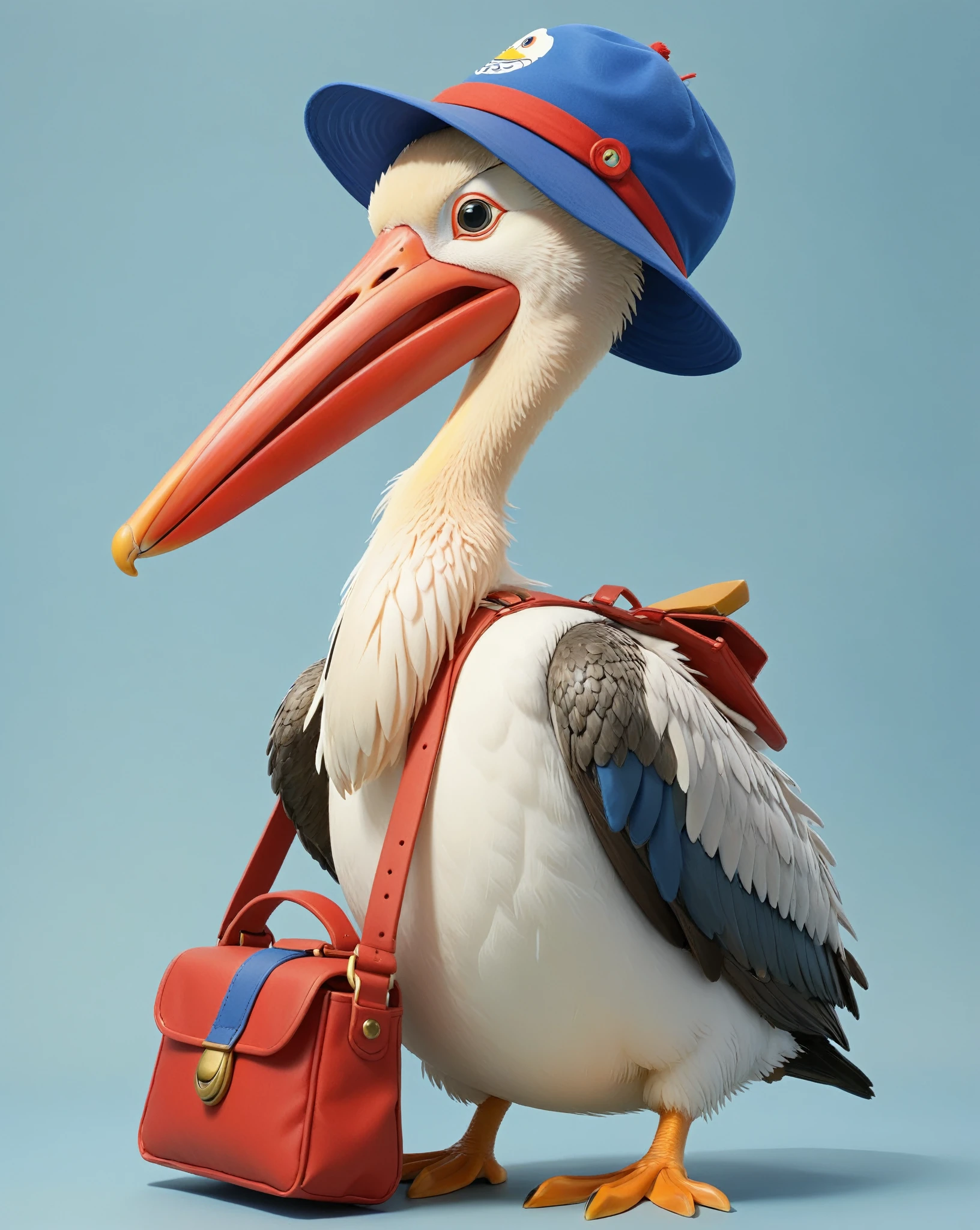 A pelican wearing a small blue hat、A pelican with a bulging beak、Hayao Miyazaki anime、Pelican carrying a small red shoulder bag