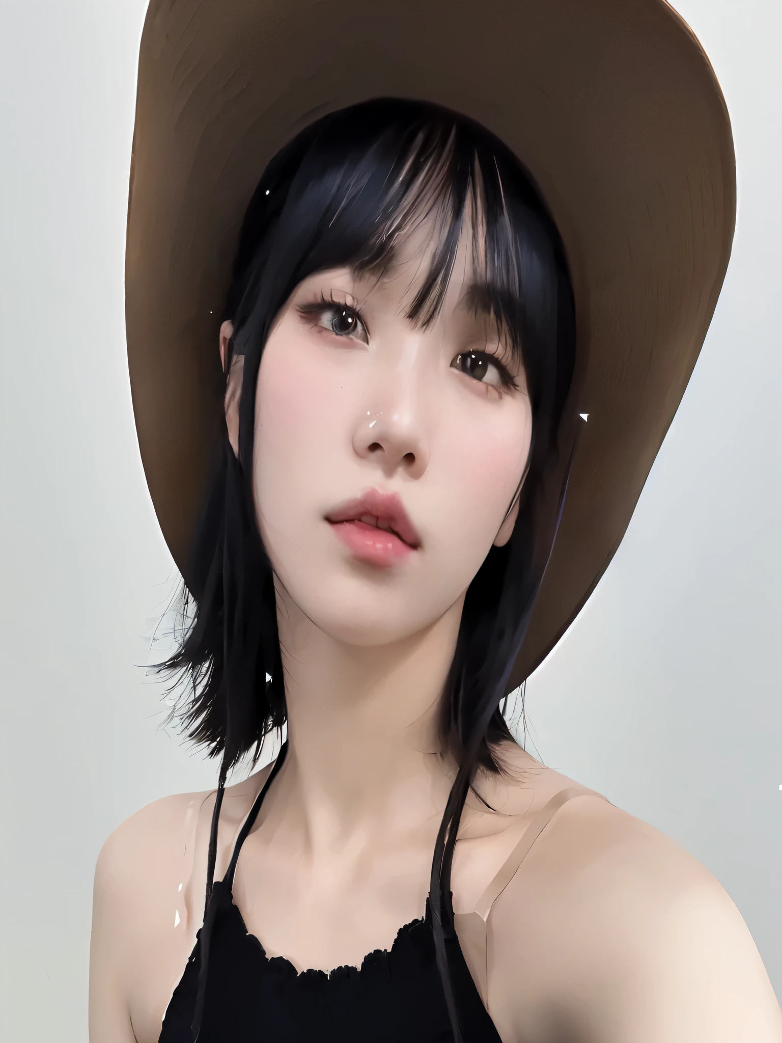 there is a woman wearing a hat and a black top, 8k selfie photograph, artwork in the style of guweiz, captured on canon eos r 6, guweiz, soft portrait shot 8 k, ulzzang, taken with sony alpha 9, low quality photograph, young adorable korean face, with straw hat, shot on nikon z9, lesserafim chaewon, lesserafim, chaewon, kpop girl, Korean female face