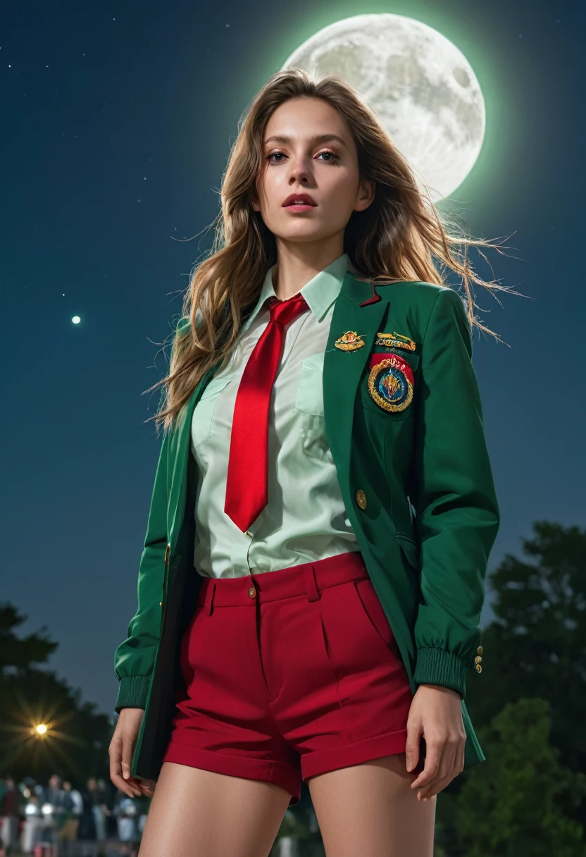 masterpiece, best quality,  miorine rembran, defmiorine, long hair, green jacket, red necktie, green shorts, upper body, portrait, looking at viewer, dynamic pose, sky, night sky, moon, expose breast, no bra, 
incredibly absurdres, ultra detailed, high resolution, realistic lighting, photorealism, hyperrealism,masterpiece,vibrant colors,stunning visuals,ultra skin texsture,stable diffusion,perfect ???????,crazy details
