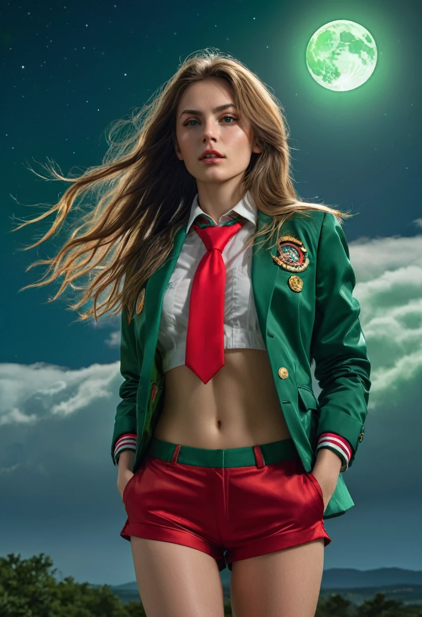 masterpiece, best quality, miorine rembran, defmiorine, long hair, green jacket, red necktie, green shorts, upper body, portrait, looking at viewer, dynamic pose, sky, night sky, moon, expose breast, no bra,
incredibly absurdres, ultra detailed, high resolution, realistic lighting, photorealism, hyperrealism,masterpiece,vibrant colors,stunning visuals,ultra skin texsture,stable diffusion,perfect anatomy,crazy details
