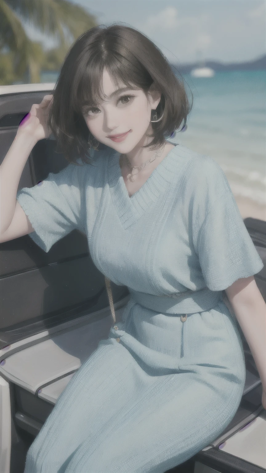 234 20-year-old female, short hair, Summer travel magazine, A kind smile, lipstick, Photo Quality