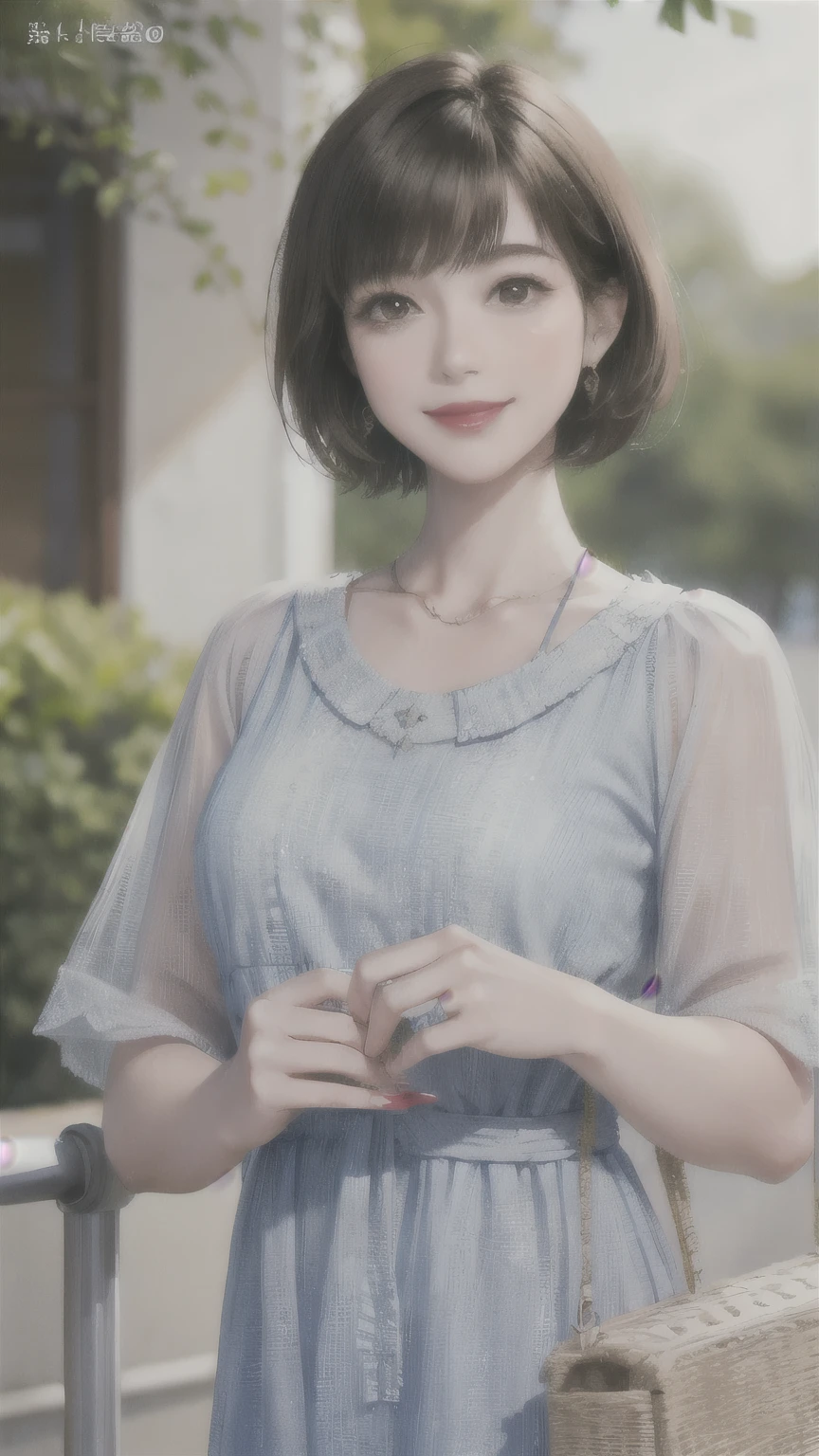234 20-year-old female, short hair, Summer travel magazine, A kind smile, lipstick, Photo Quality