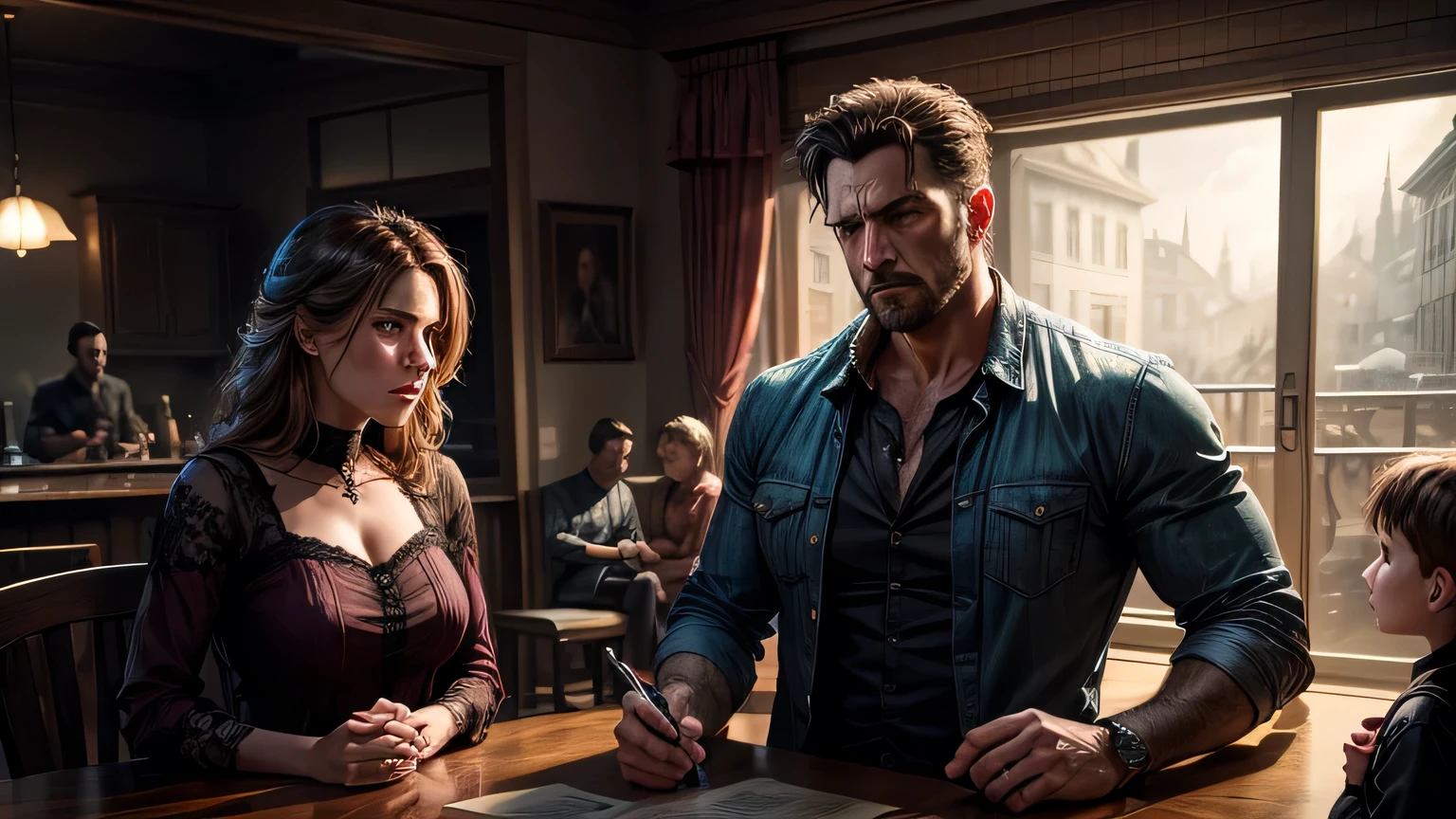 a man ignoring his wife and 2 children, wife and children looking distraught, emotional family tension, emotional drama, realistic, photorealistic, hyper detailed, cinematic lighting, moody color palette, dramatic composition, award winning art