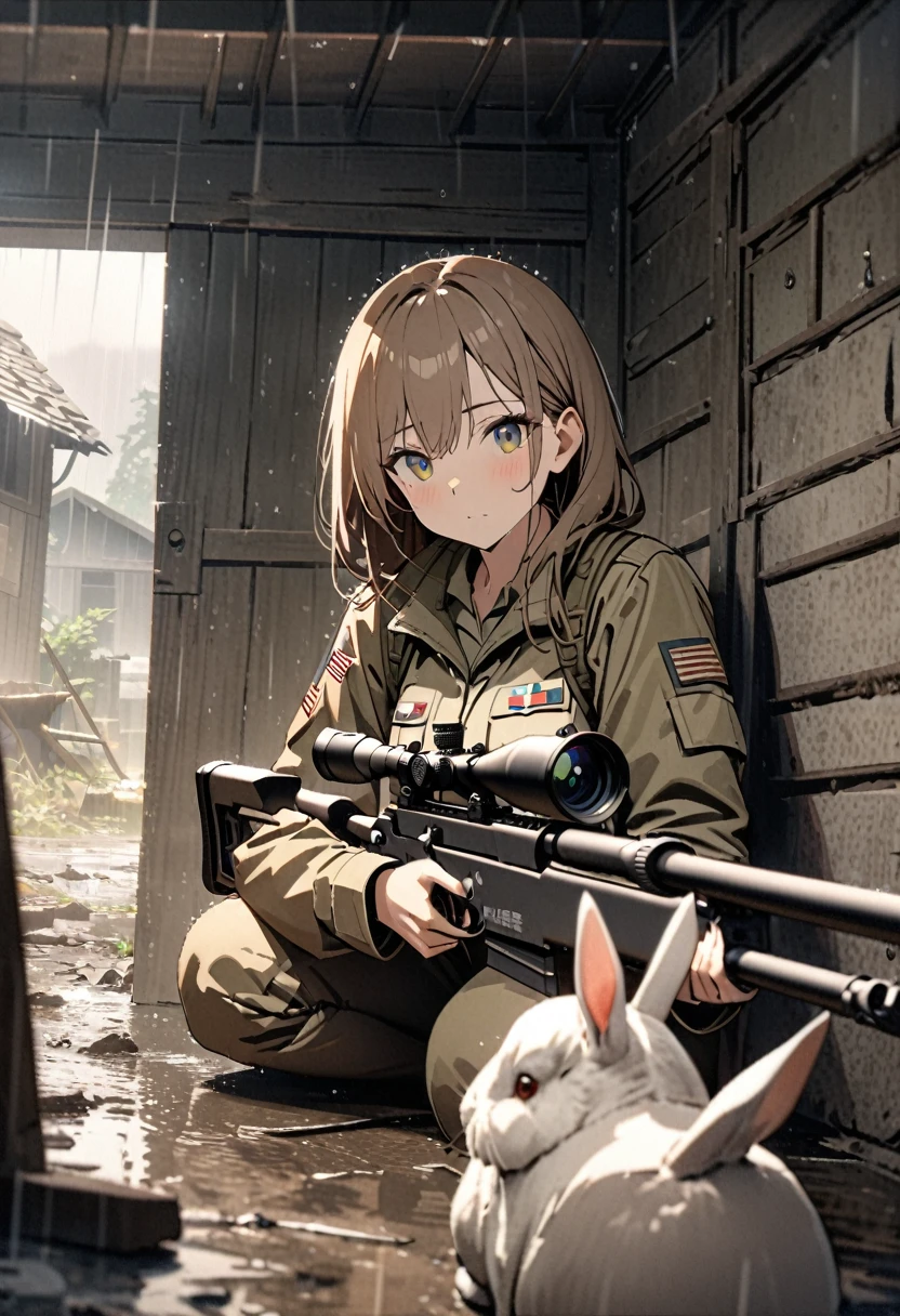 a highly detailed portrait of a female american army sniper in an abandoned hut taking shelter from the rain, holding a sniper rifle, 1 rabbit sitting and looking at the camera from a rabbit's perspective, best quality,8k,