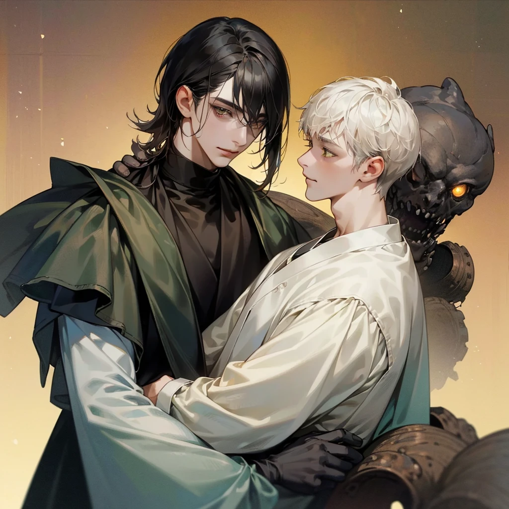 (((photographic, photo, photogenic))), extremely high quality high detail RAW color photo, Lovecraftian cybernetic horror, watercolor, otherworldly textures , high quality, detailed,
young man , 4K UHD, super detail, best quality, detailed eyes, masterpiece, 2 young men who smiles at each other with a love atmosphere ,one of them is 21years old and has a white straight short hair and green beautifull eyes this men smiles a sweet smile with quiet expression and beautiful smile and he wears a cute outfit,the second men is taller than the previous one and he is 27year and this men has acblack semi long haircut and yellow eyes and has a quiet expression face and he has a sharp eyes and wears a black clothes,high resolutions