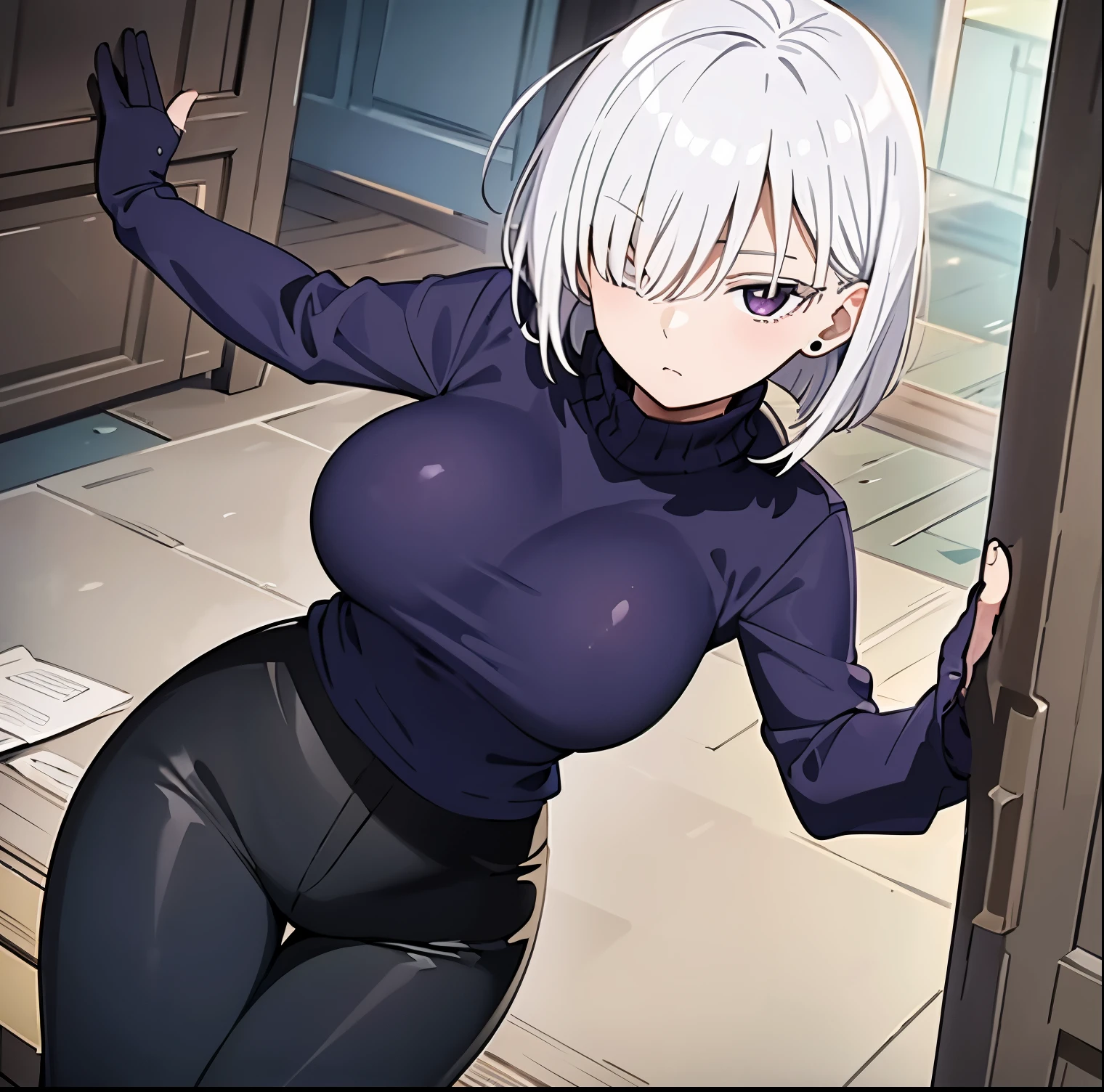 1girl, alone, fiona frost, (masterpiece, best quality: 1.2), cowboy photo, expressionless, mouth closed, head on, looking at viewer, pov (from below), white hair, purple eyes, blue duffle coat, sweater black turtleneck, tight sweater, black pants, tight pants, black gloves, room, bedroom, standing, big breasts, medium waist, wide hips, medium thighs, round butt, perfect anatomy, perfect hands