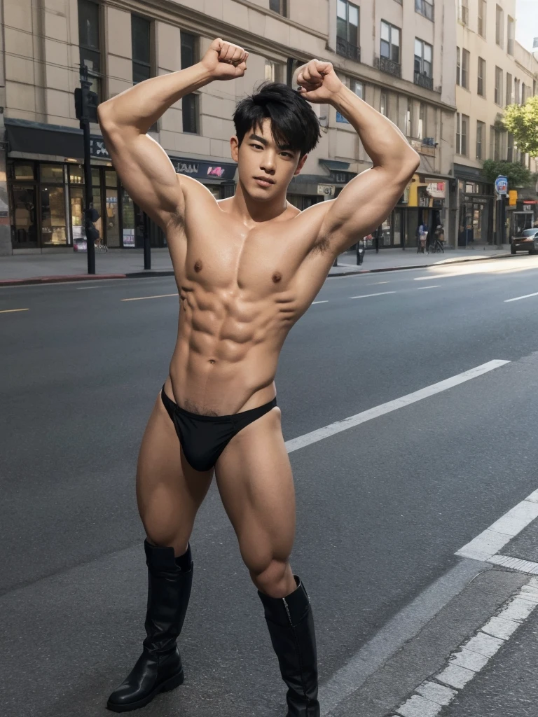 1boy,one handsome man,Asian,(head turned, looking at viewer:1.5),(short black hair:1.3),perfect hands,five fingers on each hand,black boots,(sexy bikini thong:1.3), (pubes: 1.3), shirtless, topless, lifted arms, muscular,(manly pose on the street:1.5),street,day,daytime,natural lighting,outdoor,best quality,masterpiece,ultra highres,photorealistic,realistic,