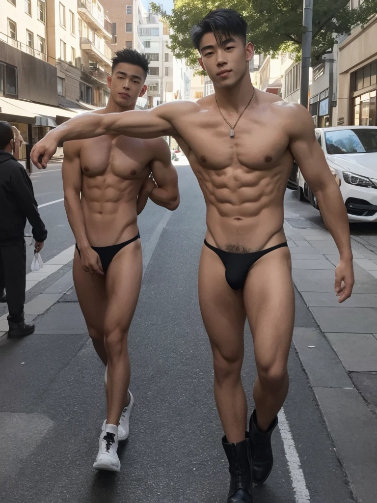 1boy,one handsome man,Asian,(head turned, looking at viewer:1.5),(short black hair:1.3),perfect hands,five fingers on each hand,black boots,(sexy bikini thong:1.3), (pubes: 1.3), shirtless, topless, lifted arms, muscular,(manly pose  on the street:1.5),street,day,daytime,natural lighting,outdoor,best quality,masterpiece,ultra highres,photorealistic,realistic,