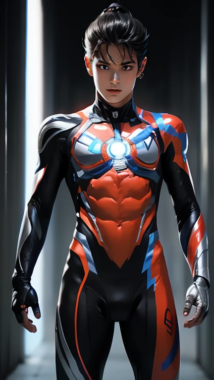 Ultraman, realistic, realistic, movie lights, young man in shiny red and silver suit, , professional photo, skin exposed, Japanese model, Japanese CGI, sexy Ultraman suit, Power Rangers set, tight thin cyber suit, with elastic all over, delicate body, small butt, muscle, abs, lewd mark, groin tattoo, thin waist, exposed belly cyber suit on both sides skin tight, slanted eyes, sharp gaze, ponytail hair, facing forward, standing facing forward, glowing sphere embedded in chest, essay exam, blue sky background, Young beautiful boy, young handsome boy, Ultraman Boy personification, Ultraman-colored latex, Ultraman-colored rubber bodysuit, Ultraman color suit, Ultraman body suit, muscles, abs, mask off Ultraman Boy, Ultraman Boy without mask, Ultraman Boy suit, Ultraman Boy cosplay, Ultraman Boy costume, 15 year old  Ultraman Boy with face exposed, Ultraman without mask Boy, Ultraman without mask, medium-length hair, ponytail hair, color timer on chest, energy drain on chest, Ultraman Boy, boy's face, young boy with long hair, Ultraman Boy cosplayer, exposed face, 13 to 15 years old Boy, high definition, highest quality, best masterpiece, highest clarity, highest resolution, 8K, 16K, 32K, CG art, highest detail, Full body shot, full body view, Belly-baring Ultraman-colored bodysuit, belly-baring Ultraman-colored bodysuit, revealing bodysuit, lewd mark, crotch tattoo, abdominal muscle openwork bodysuit, abdominal muscle visible bodysuit,