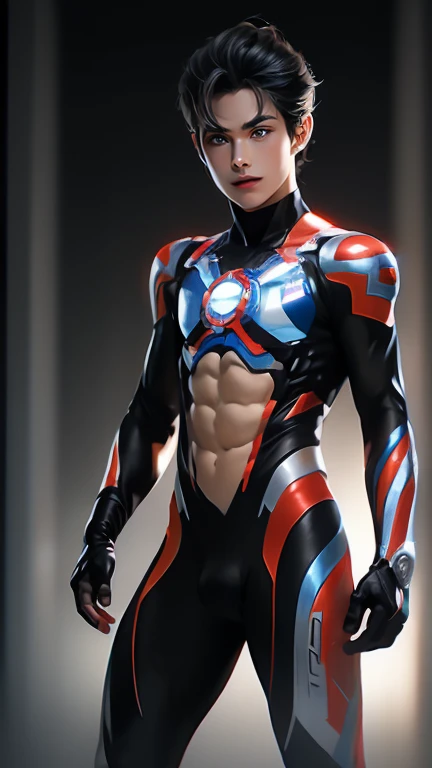 Ultraman, realistic, realistic, movie lights, young man in shiny red and silver suit, , professional photo, skin exposed, Japanese model, Japanese CGI, sexy Ultraman suit, Power Rangers set, tight thin cyber suit, with elastic all over, delicate body, small butt, muscle, abs, lewd mark, groin tattoo, thin waist, exposed belly cyber suit on both sides skin tight, slanted eyes, sharp gaze, ponytail hair, facing forward, standing facing forward, glowing sphere embedded in chest, essay exam, blue sky background, Young beautiful boy, young handsome boy, Ultraman Boy personification, Ultraman-colored latex, Ultraman-colored rubber bodysuit, Ultraman color suit, Ultraman body suit, muscles, abs, mask off Ultraman Boy, Ultraman Boy without mask, Ultraman Boy suit, Ultraman Boy cosplay, Ultraman Boy costume, 15 year old Ultraman Boy with face exposed, Ultraman without mask Boy, Ultraman without mask, medium-length hair, ponytail hair, color timer on chest, energy drain on chest, Ultraman Boy, boy's face, young boy with long hair, Ultraman Boy cosplayer, exposed face, 13 to 15 years old Boy, high definition, highest quality, best masterpiece, highest clarity, highest resolution, 8K, 16K, 32K, CG art, highest detail, Full body shot, full body view, Belly-baring Ultraman-colored bodysuit, belly-baring Ultraman-colored bodysuit, revealing bodysuit, lewd mark, crotch tattoo, abdominal muscle openwork bodysuit, abdominal muscle visible bodysuit,