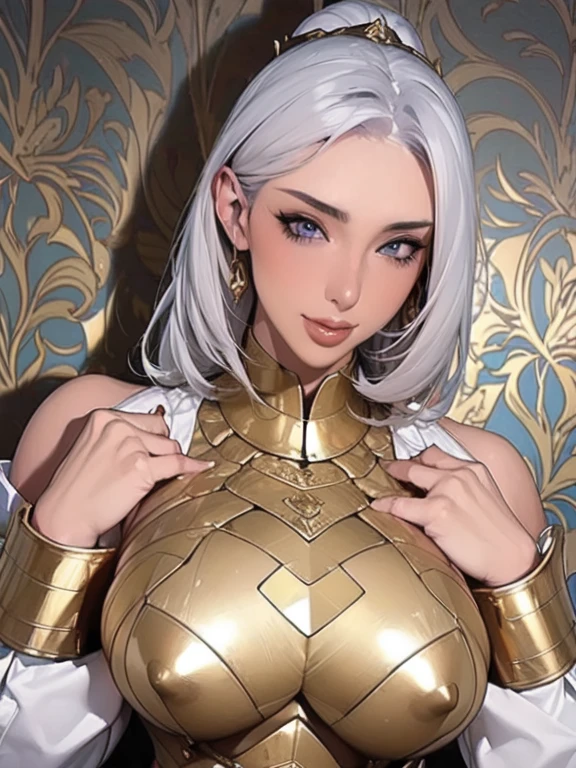 ８ｋ、Masterpiece、Sensual Body、An expression inviting a man、(Vulgar),Huge breasts, sexual excitement,  ((Sex addiction))((Medieval Fantasy Female Knight )),Wearing heavy armor with gold patterns on a silver background,head shot,mercenary,Nipple Cover,Large erect nipples and areola,(Upper Body:2)
