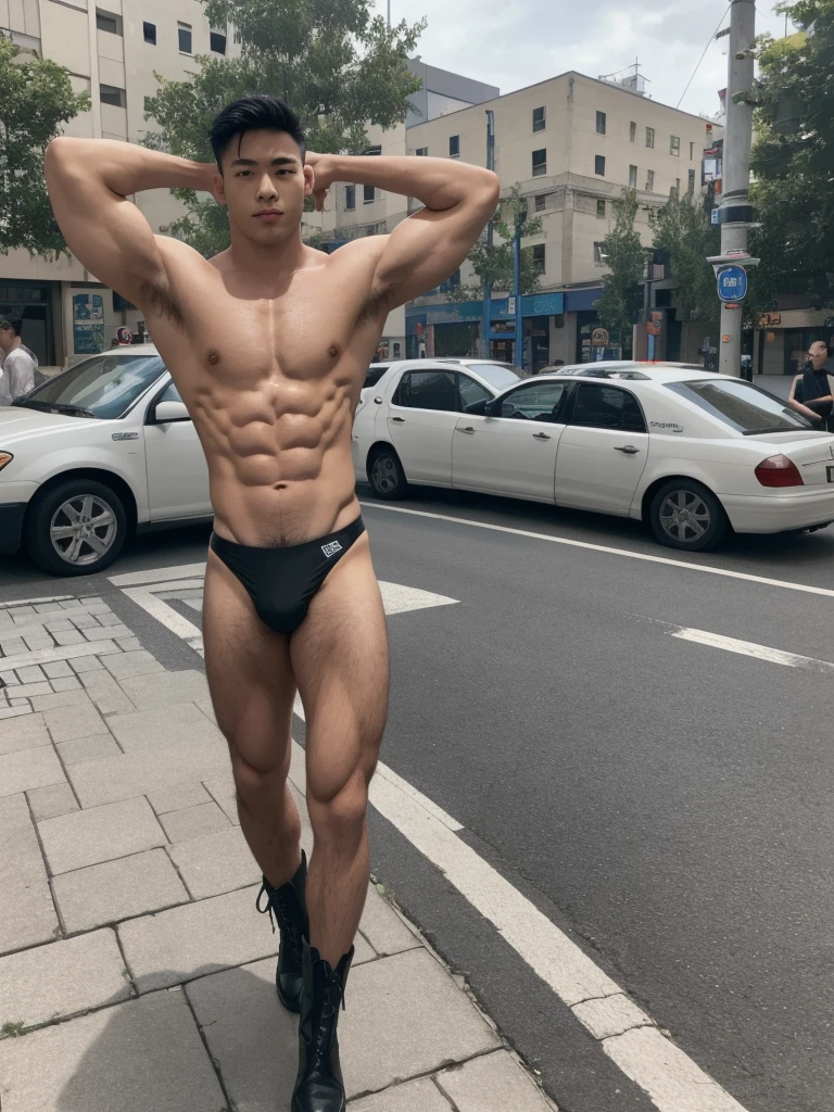 1boy,one handsome man,Asian,(head turned, looking at viewer:1.5),(short black hair:1.3),perfect hands,five fingers on each hand,black boots,(sexy bikini thong:1.3), (pubes: 1.3), shirtless, topless, lifted arms, muscular,(manly pose  on the street:1.5),street,day,daytime,natural lighting,outdoor,best quality,masterpiece,ultra highres,photorealistic,realistic,